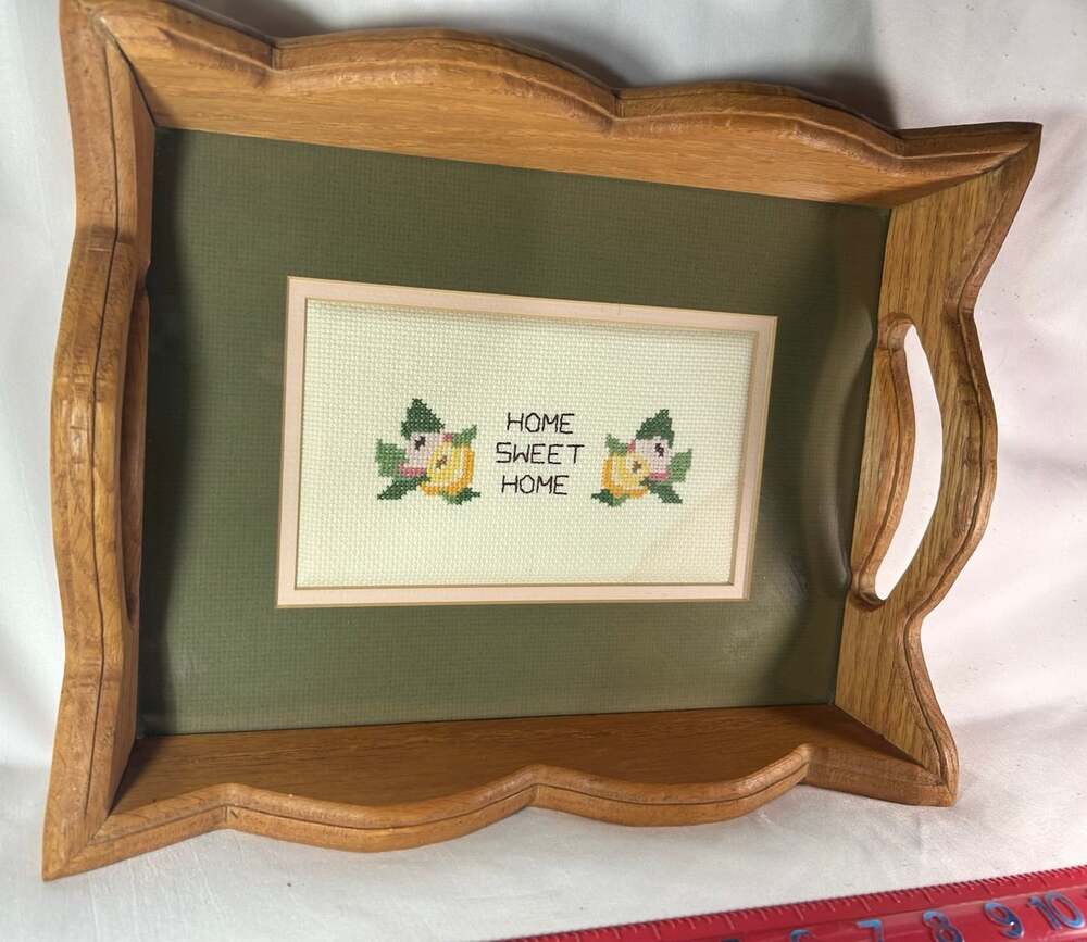 Country Kitschy Oak Serving Tray Home Sweet Home embroidered decor READ